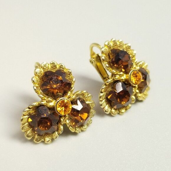 Vintage Dark Orange Rhinestone and Gold Tone Clip On Earrings, Retro Unsigned - Picture 1 of 7